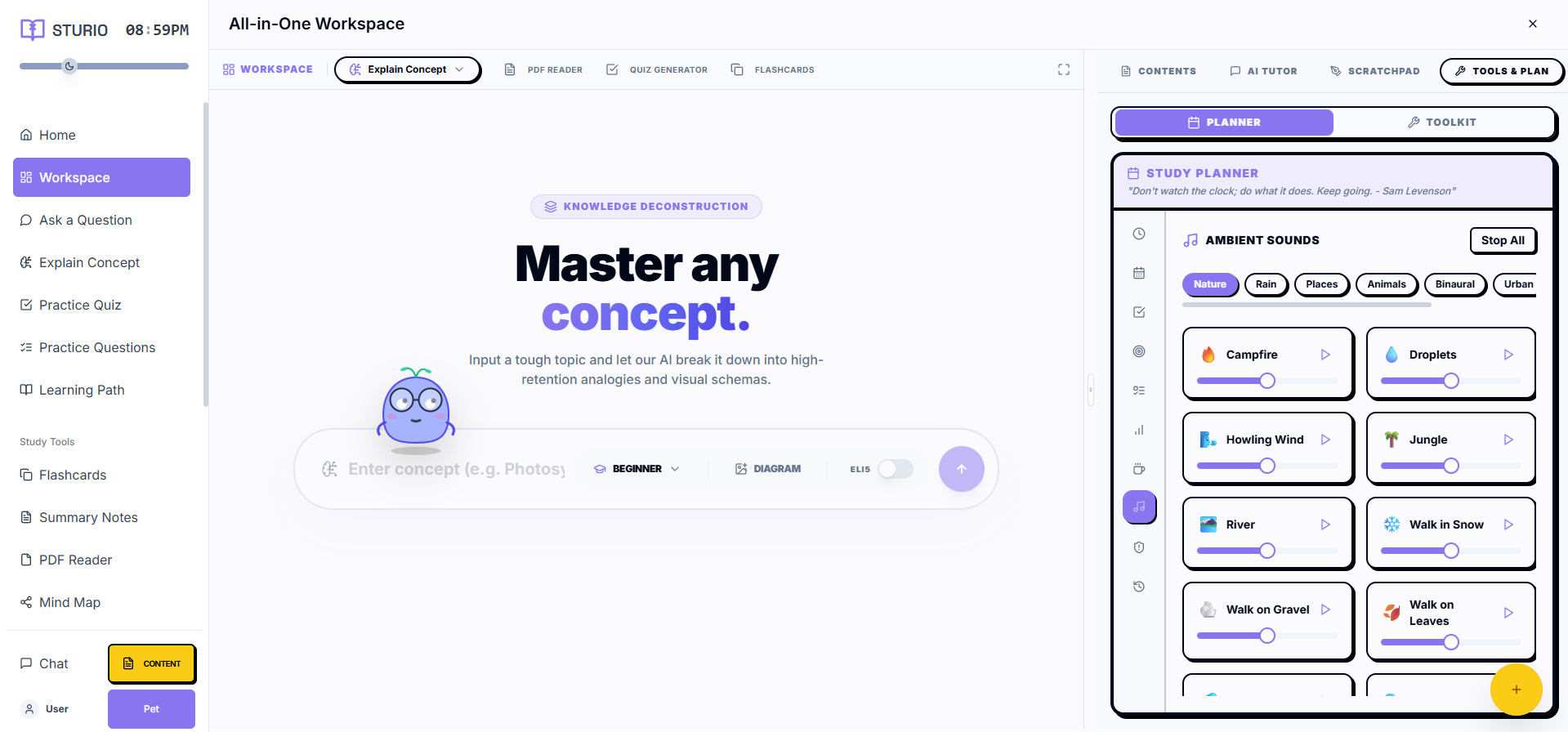 Ambient lofi sounds Pomodoro timer study streak tracker productivity tool