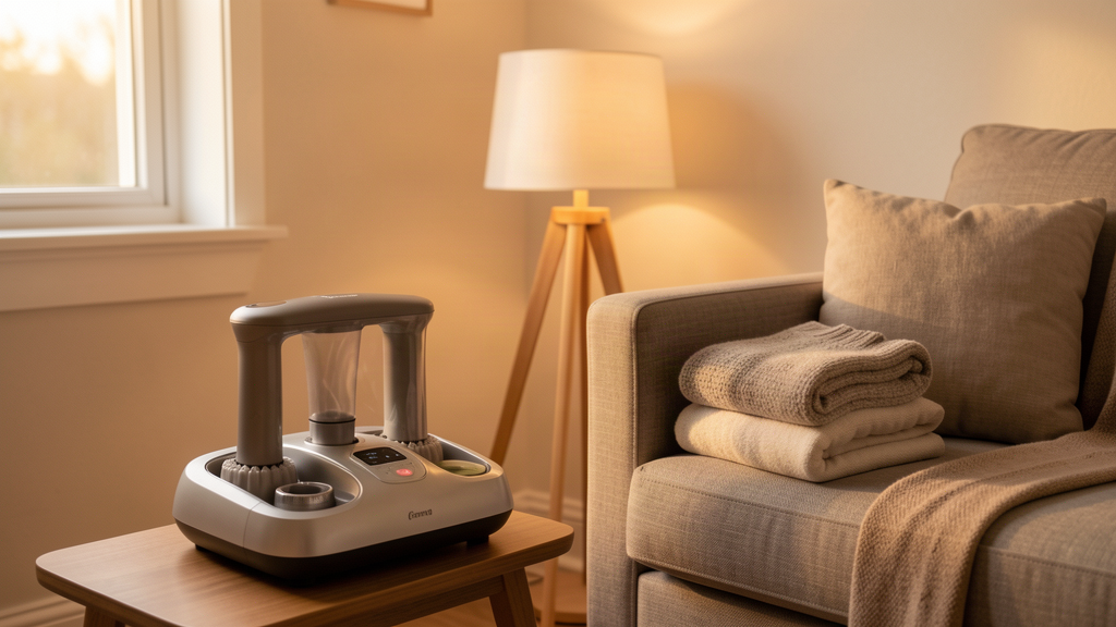 soft-lit scene of gentle foot massager with cozy socks nearby
