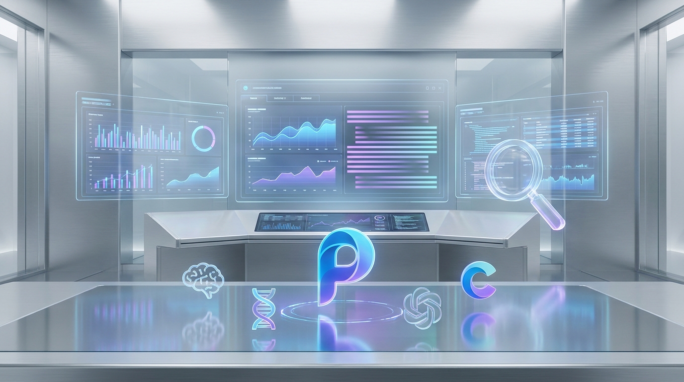 Digital workspace showing various AI research tools like Perplexity, ChatGPT, and Claude, highlighting accuracy.