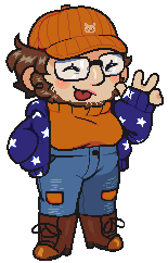 pixel art of liu, a stout white man with short brown hair, a beard, glasses, an orange corduroy cap, an orange sweater, a blue hoodie with white stars, blue jeans, and brown lace-up boots. liu is smiling with his tongue out and eyes closed, giving a peace sign.