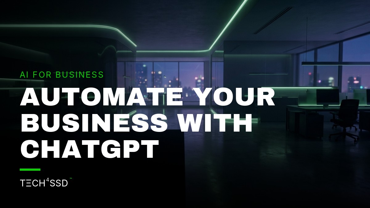 A small business owner using ChatGPT workflows on a laptop, surrounded by financial data and a subtle AI glow.