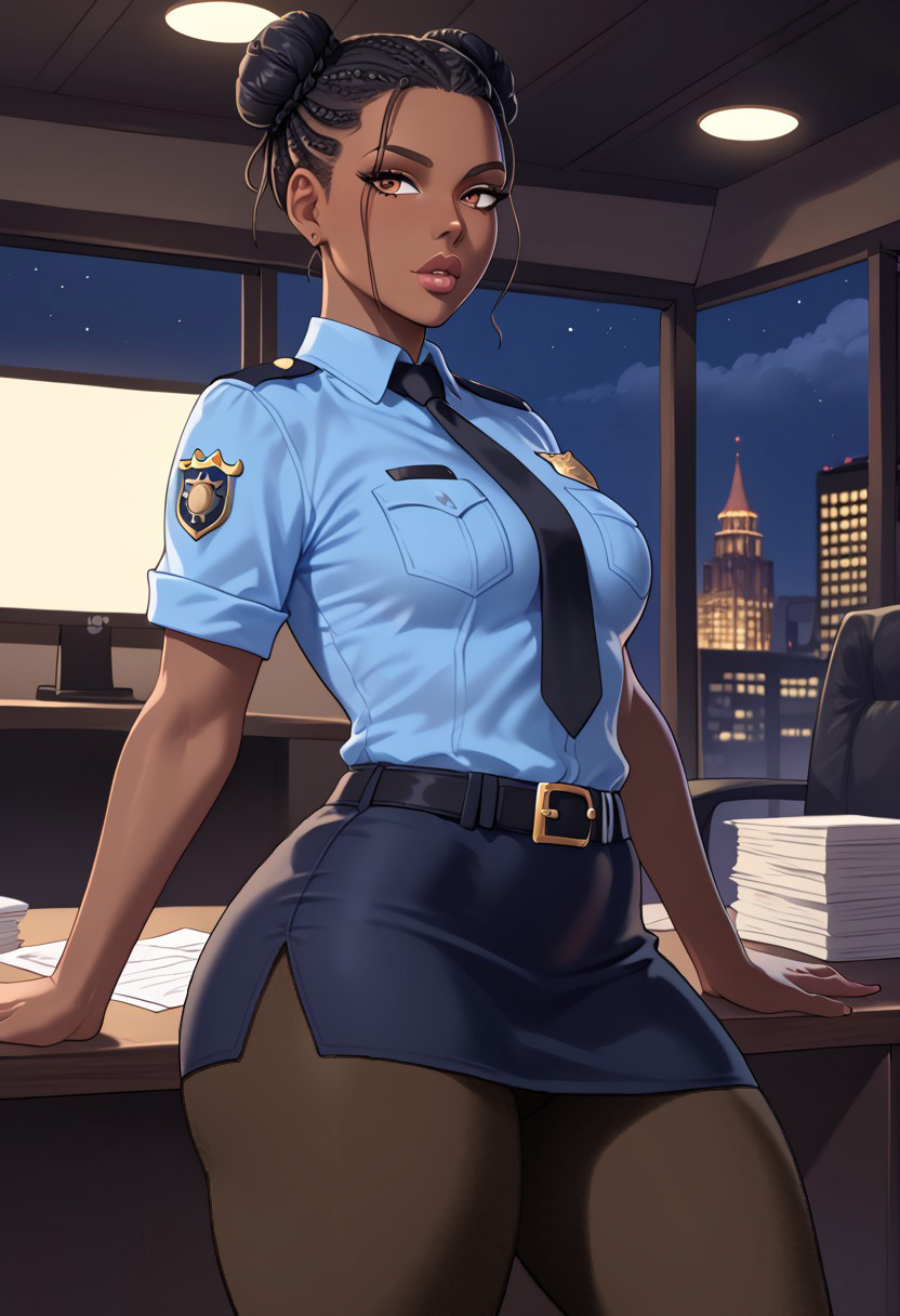 Elyzabeth is wearing a police uniform with a short navy skirt and tights