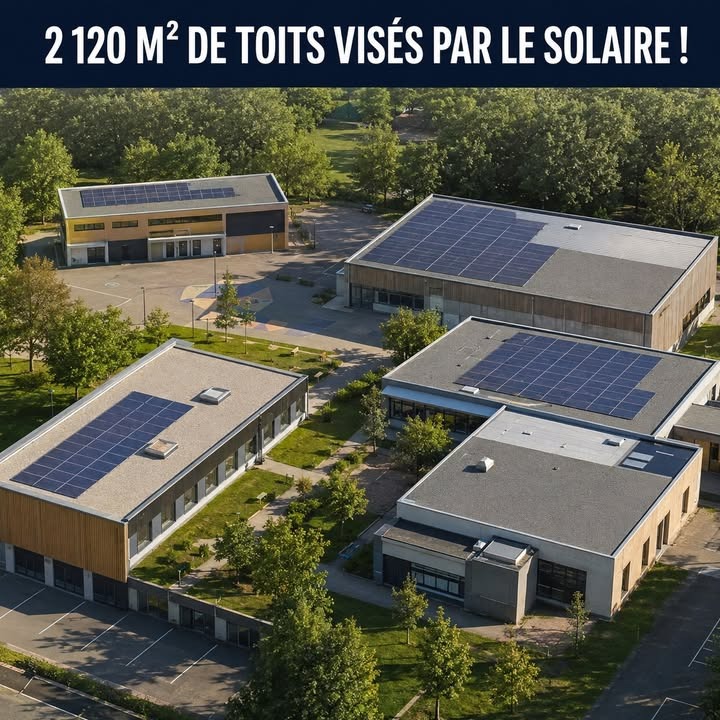 Vue aérienne de plusieurs bâtiments industriels modernes équipés de panneaux solaires sur leurs toits, entourés d'arbres et de pelouses.
