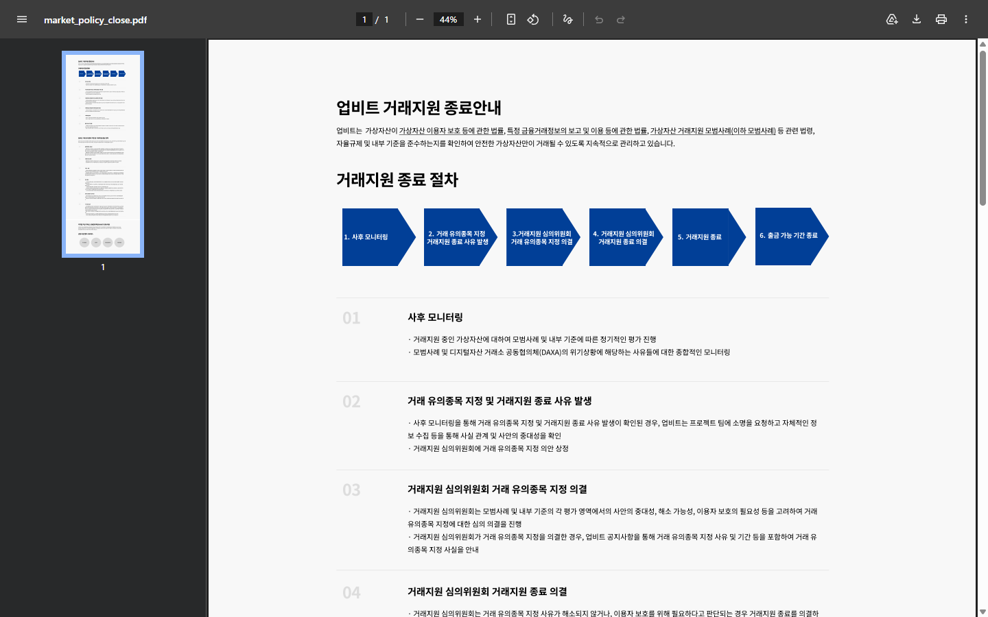 업비트 거래지원 종료 안내의 정리매매 기간과 출금 지원 기간