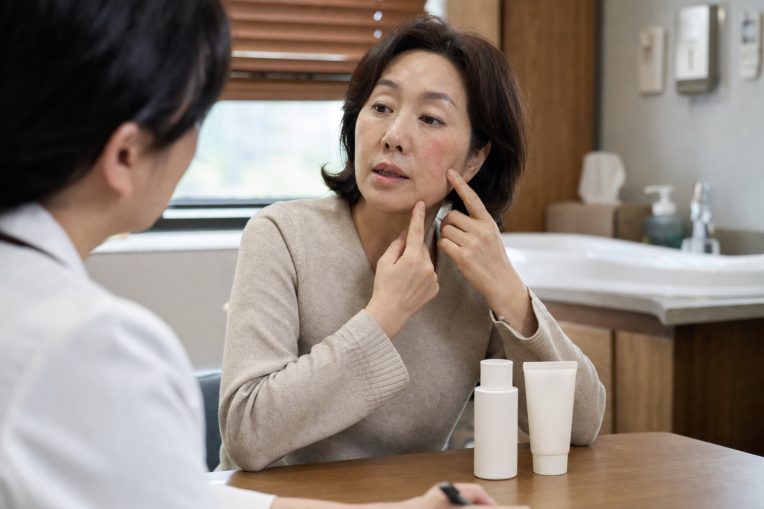 피부과에서 화장품 사용 시점과 발진 증상을 설명하는 환자
