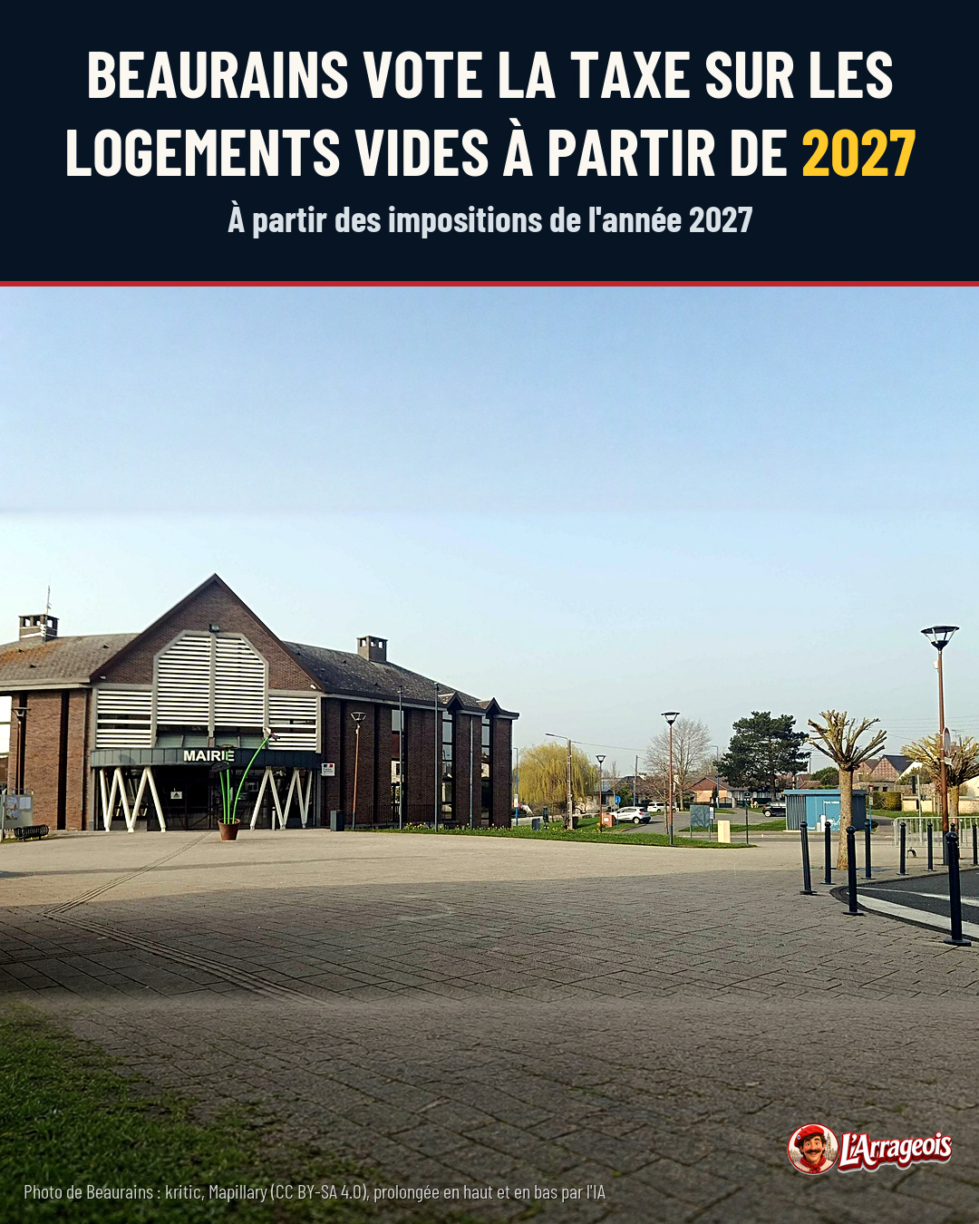 La mairie de Beaurains, bâtiment en brique avec façade moderne, se dresse au bord d'une place pavée dégagée sous un ciel bleu clair.