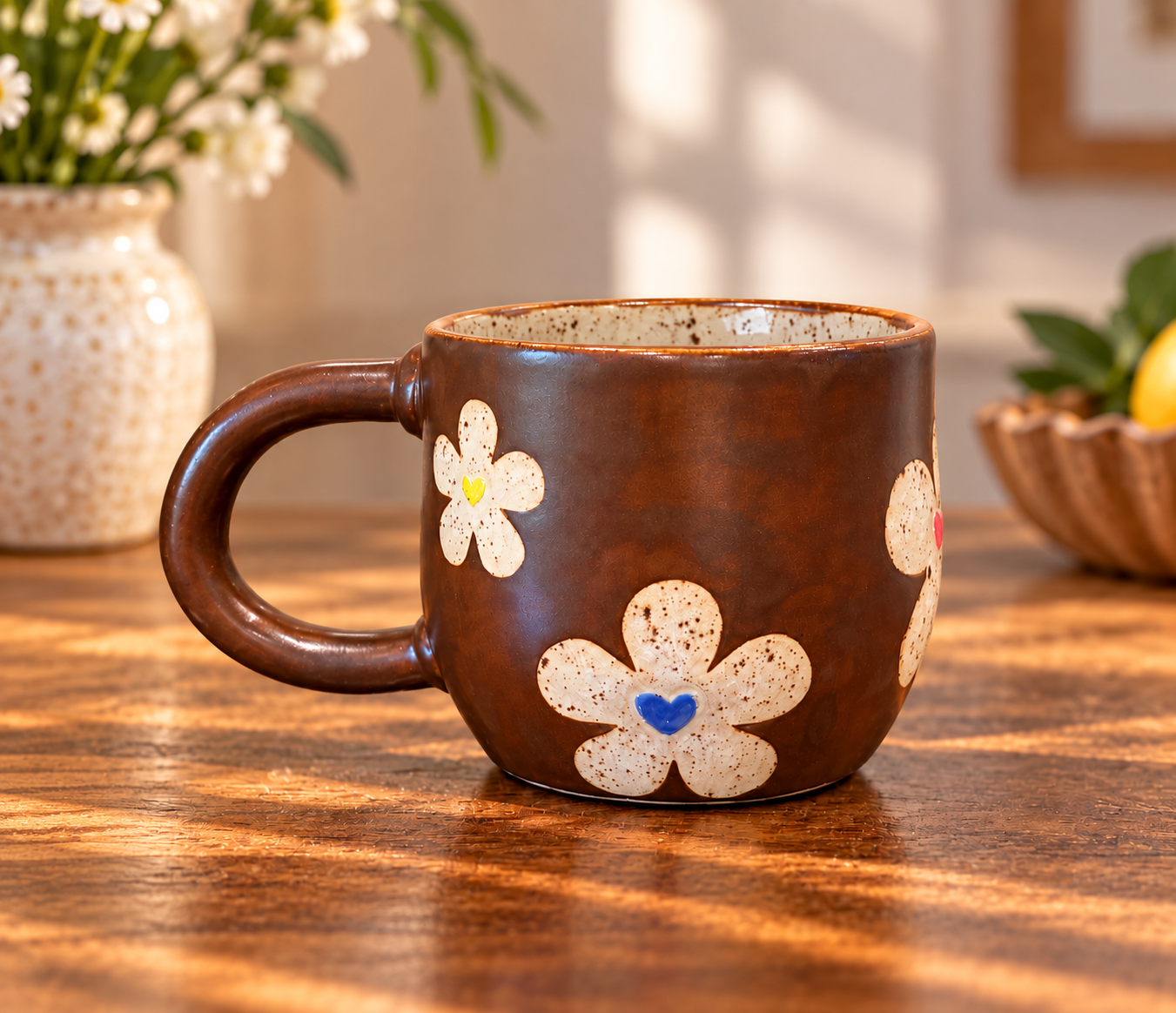 Hand-built mug in warm brown with cream hand-painted flowers