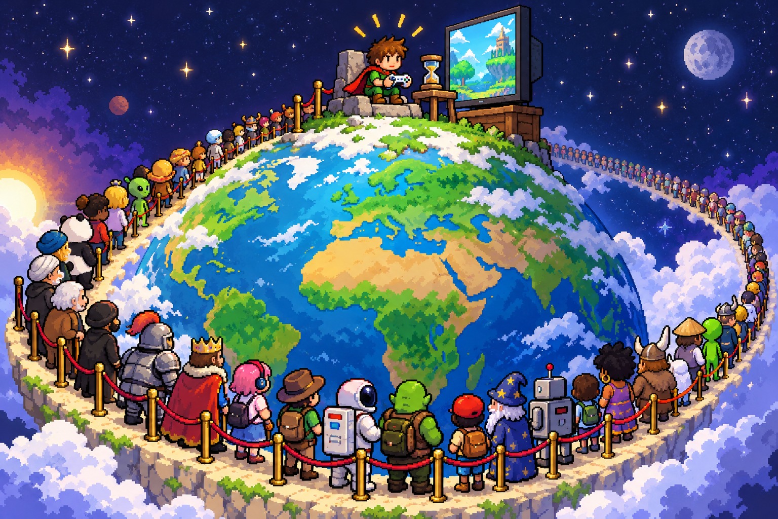 Playful editorial illustration of a tiny game player holding a controller while a queue circles Earth