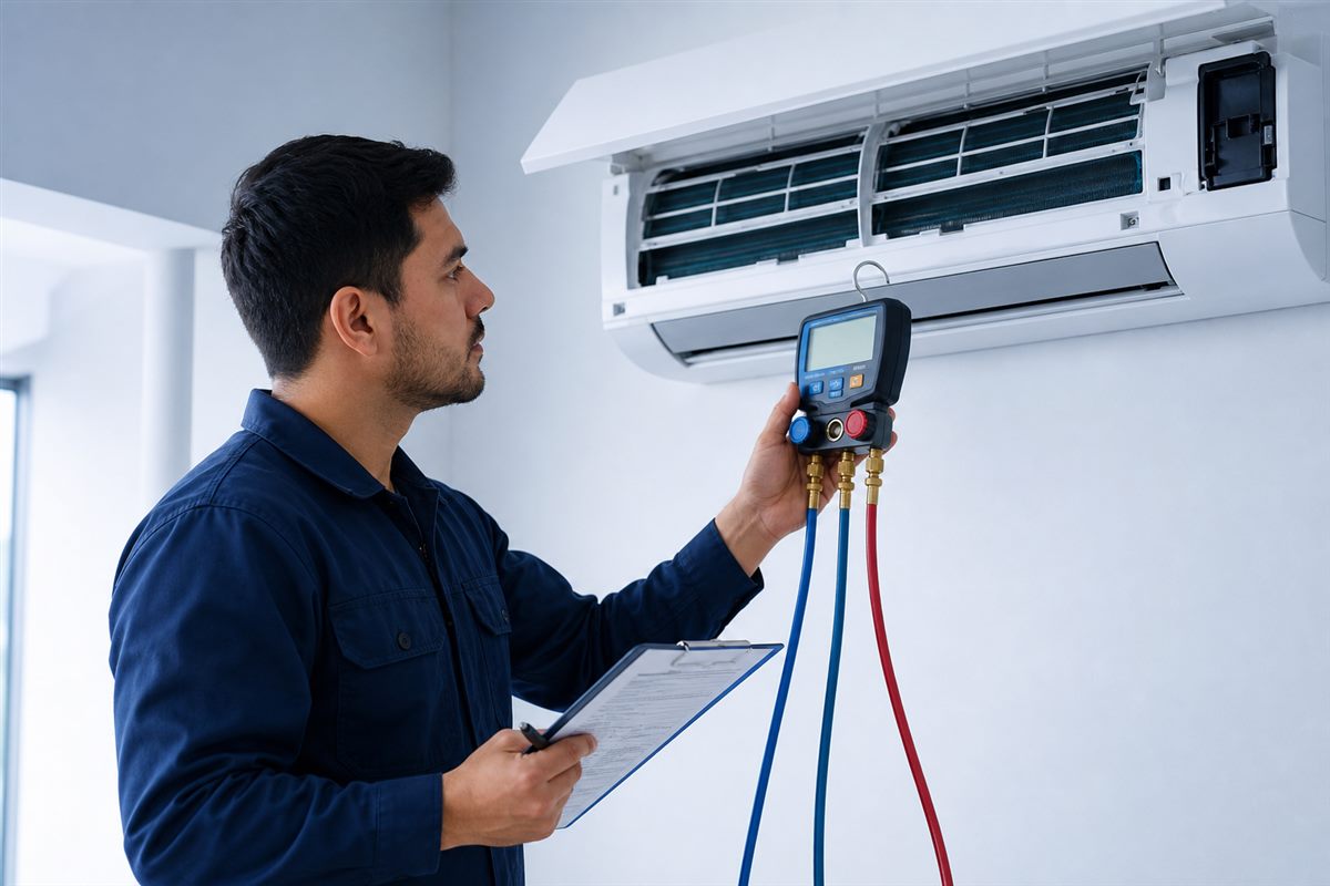 AC technician testing and inspecting a split air conditioner in Hyderabad