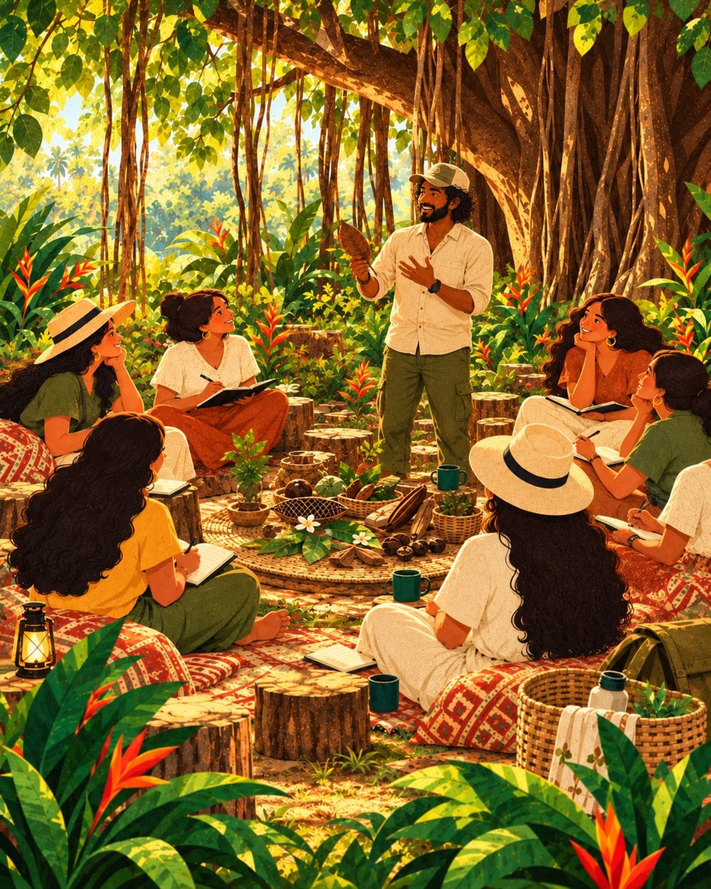 A teacher leading a circle under a banyan tree