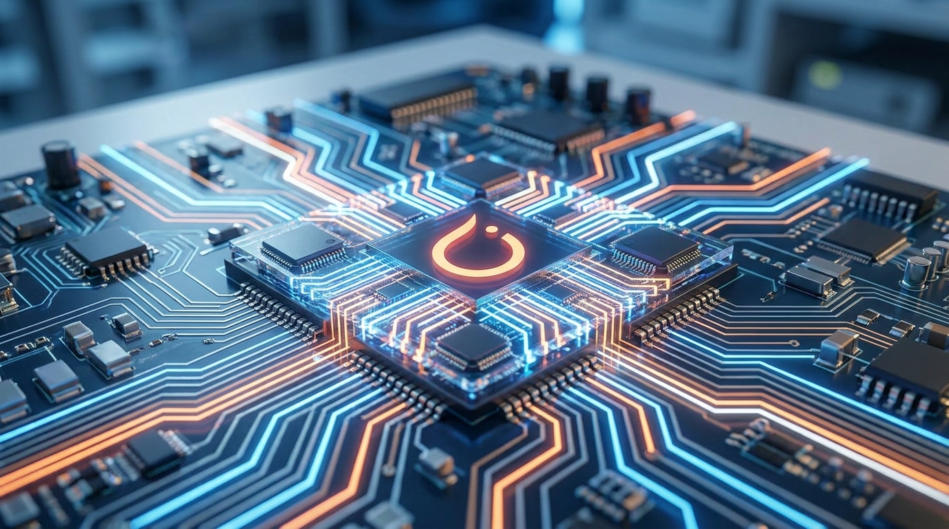 High-tech circuit board with glowing lines and a subtle PyTorch logo, representing native PyTorch support on ARM64.