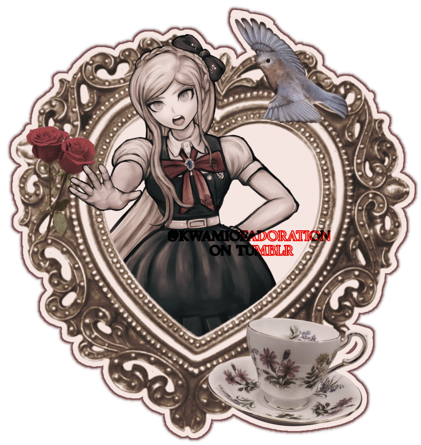 A graphic of Sonia Nevermind, she comes out from a golden heart shaped mirror. The mirror is attached with other pngs to represent sonia, one being a bird because she's a princess, another being two red roses, and from the bottom there is a teacup. The graphic is heavily watermarked with "@KWAMIOFADORATION ON TUMBLR" (the creator of the template's tumblr) to prevent stealing.