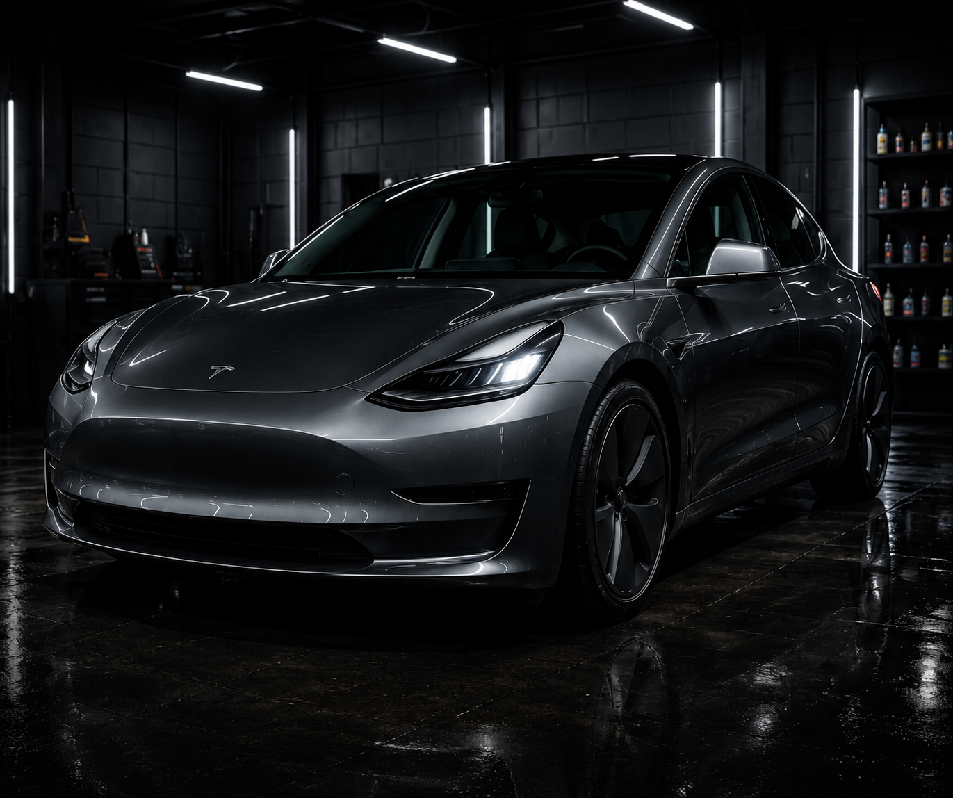 Tesla city car in detailing garage