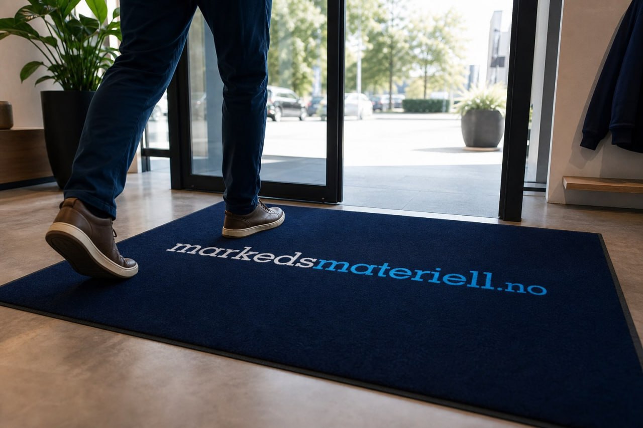 Logomatte med markedsmateriell.no logo i inngangsparti