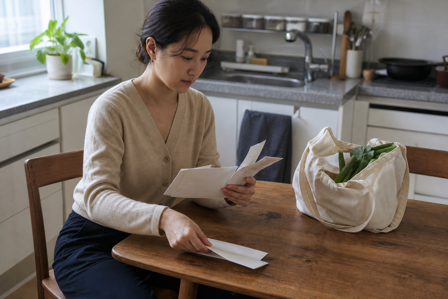 지원금을 고정비·식비·비상금 세 봉투로 나누는 한국 가구의 생활비 배분 장면