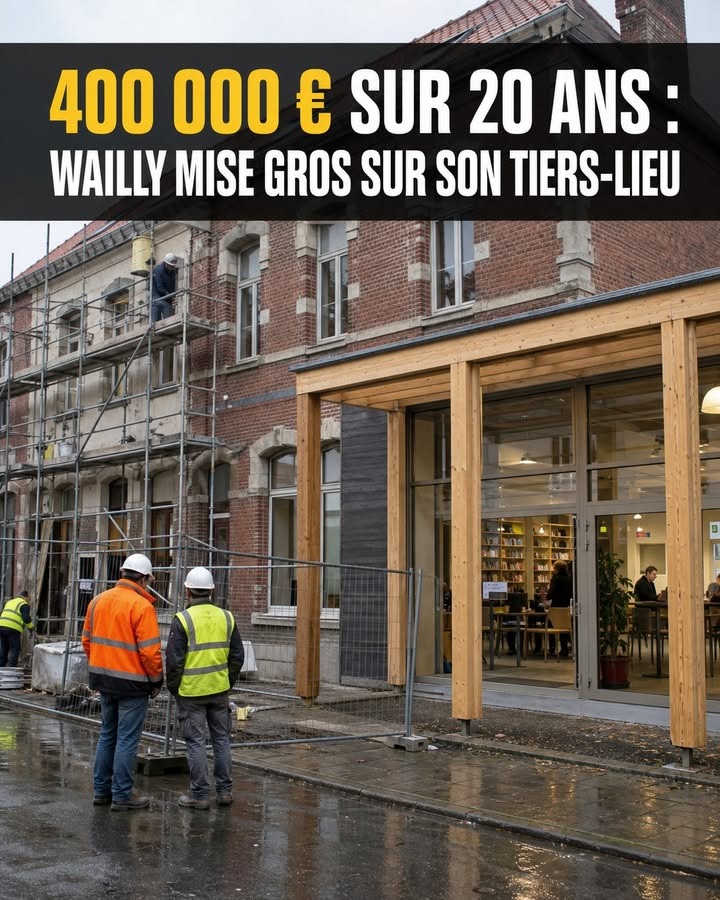 Ouvriers en gilets haute visibilité devant une façade en briques avec échafaudage et une extension en bois.