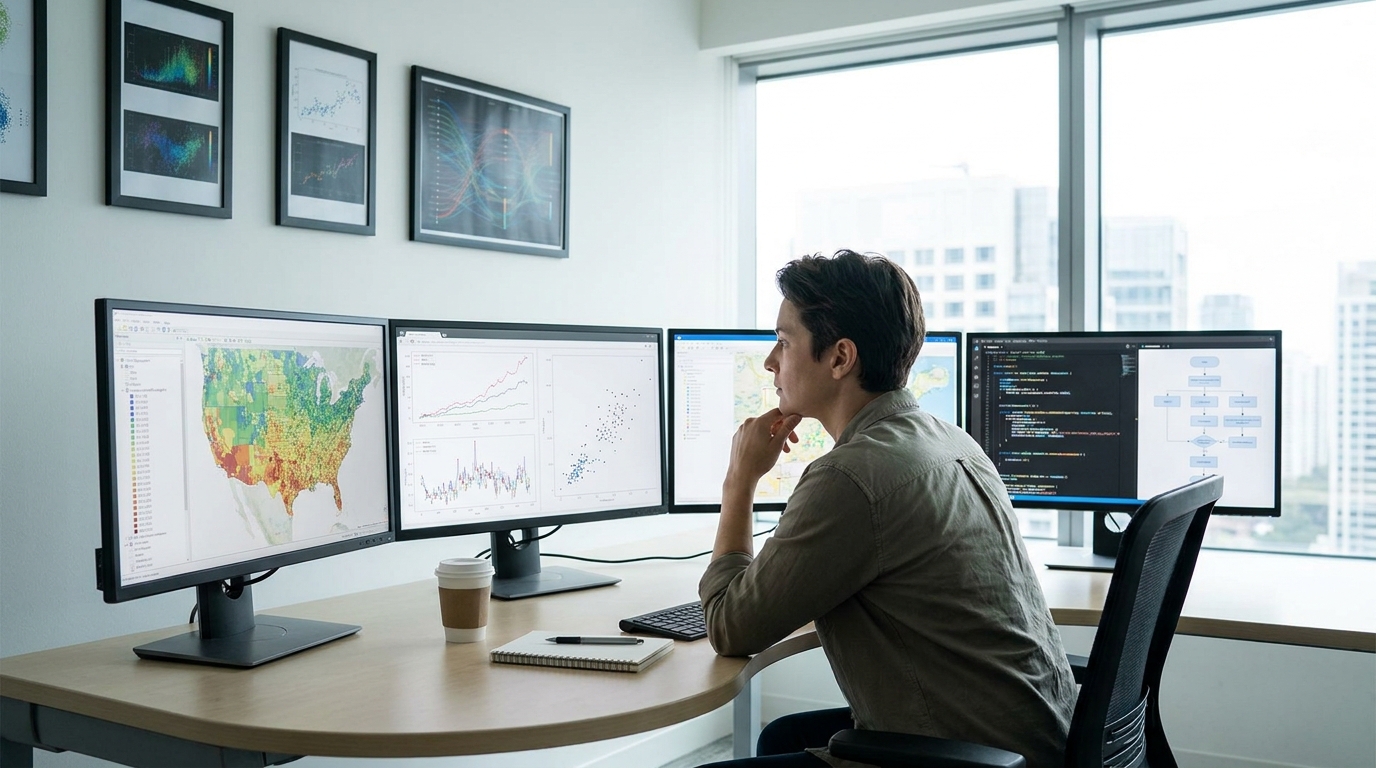 Data analyst reviewing geospatial data, economic charts, and AI model outputs from Google AI & Economy ATLAS.
