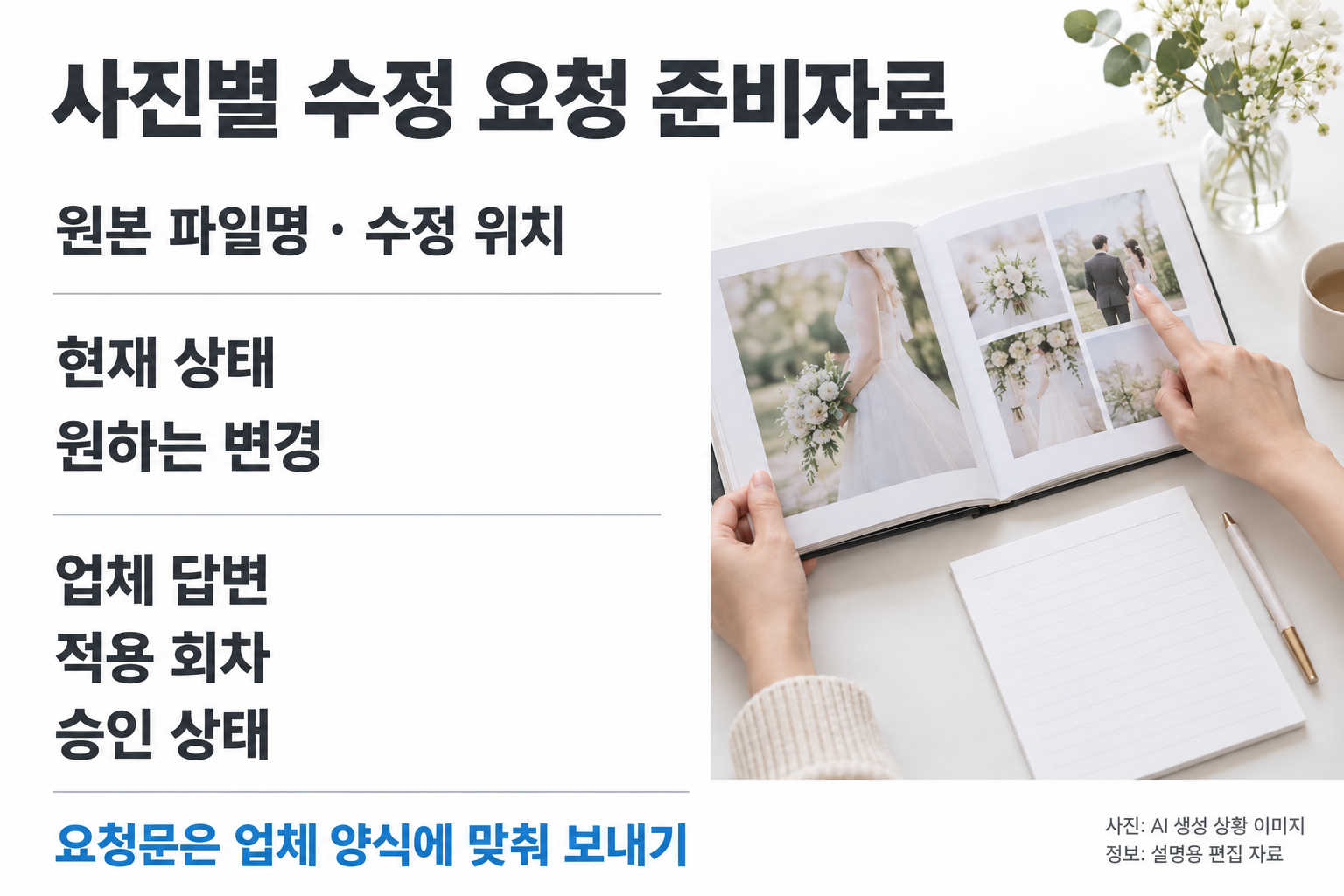 사진별 수정 요청 준비자료. 넓은 여백과 구분선으로 세 묶음을 크게: 원본 파일명·수정 위치 / 현재 상태·원하는 변경 / 업체 답변·적용 회차·승인 상태. 오른쪽에는 모형 메모와 앨범을 확인하는 손 사진. 공식 접수서식·앱UI·가상승인 답변·빈칸 표·연결 화살표 없음. 요청문은 업체 양식에 맞춰 보내기.