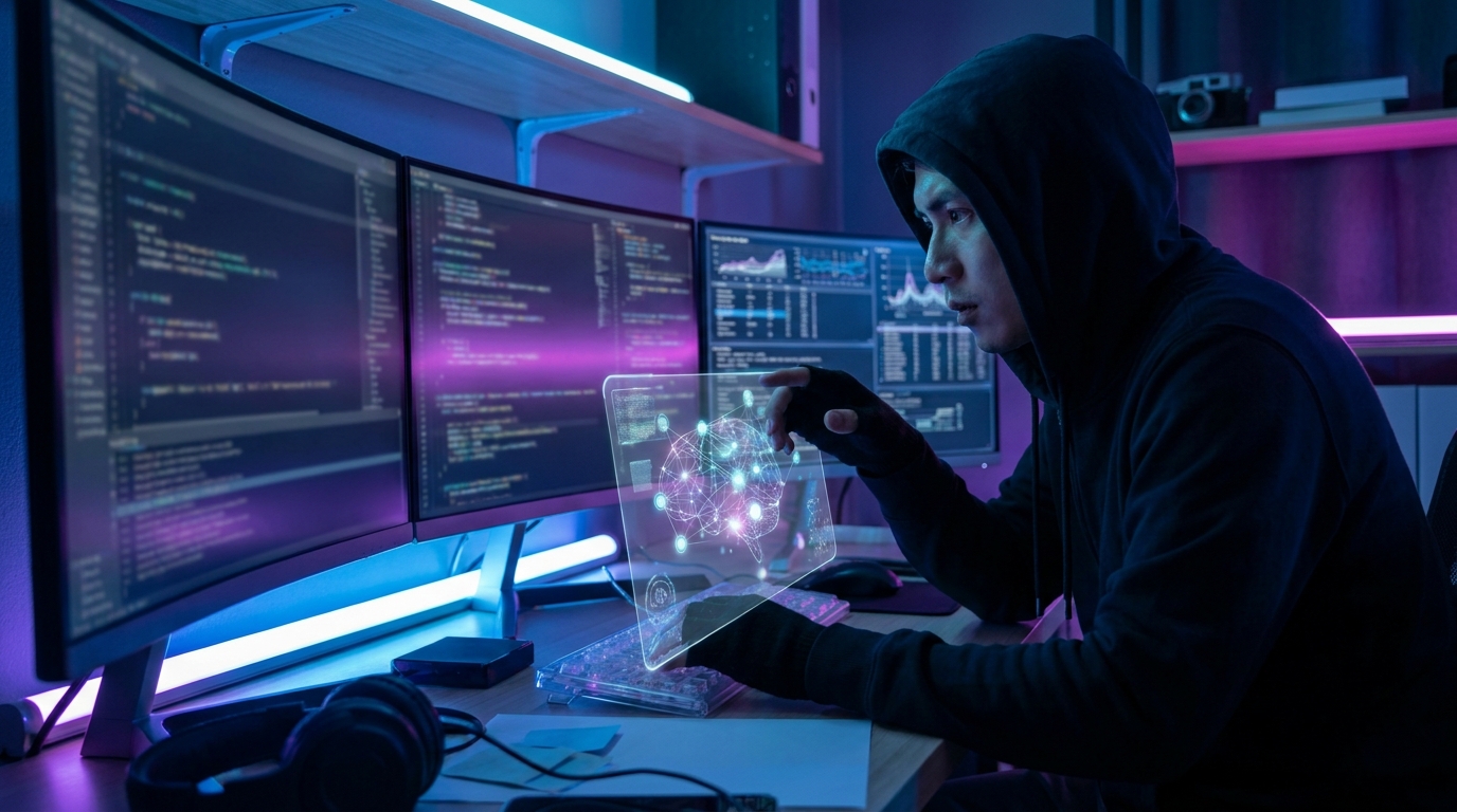 A developer working on multiple screens with code and data, visualizing the integration of the Kimi K3 AI model.
