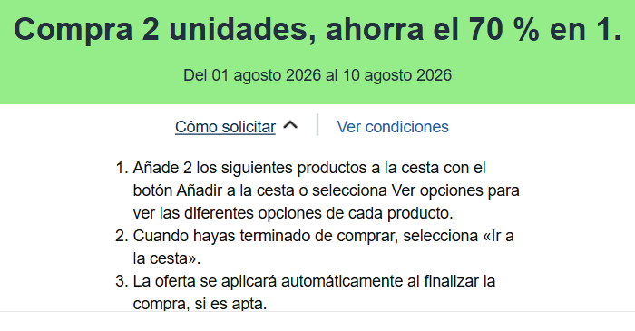 Ahorra el 70% en 1 comprando 2 unidades en una selección de productos 👍