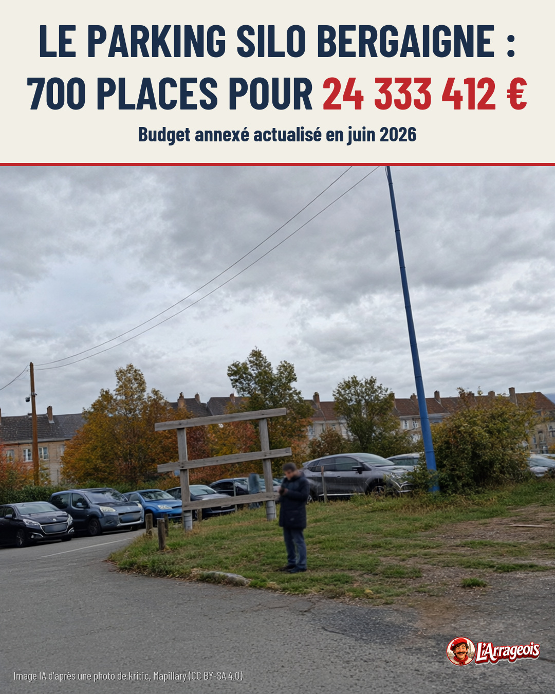 Un parking avec des voitures, un panneau en bois et une personne debout sous un ciel nuageux.