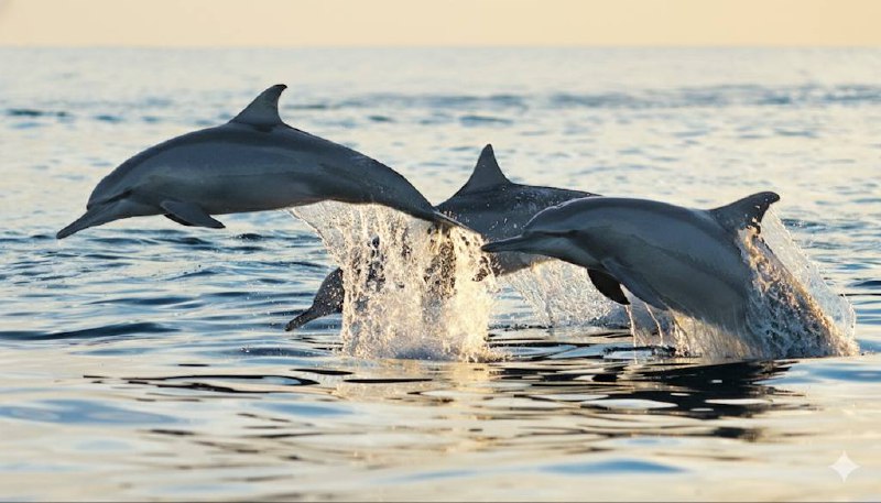 Two dolphins leaping together at sunset over calm ocean waters