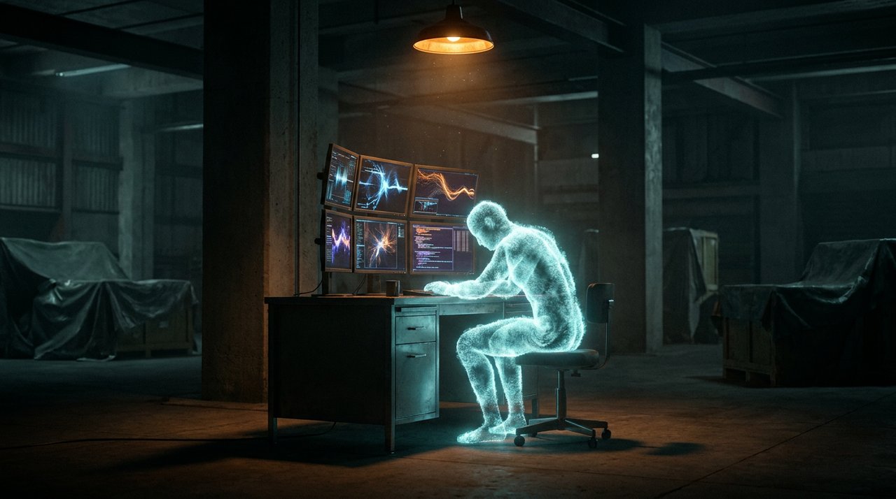 Glowing translucent humanoid figure of cyan particles working at desk with monitors showing abstract code