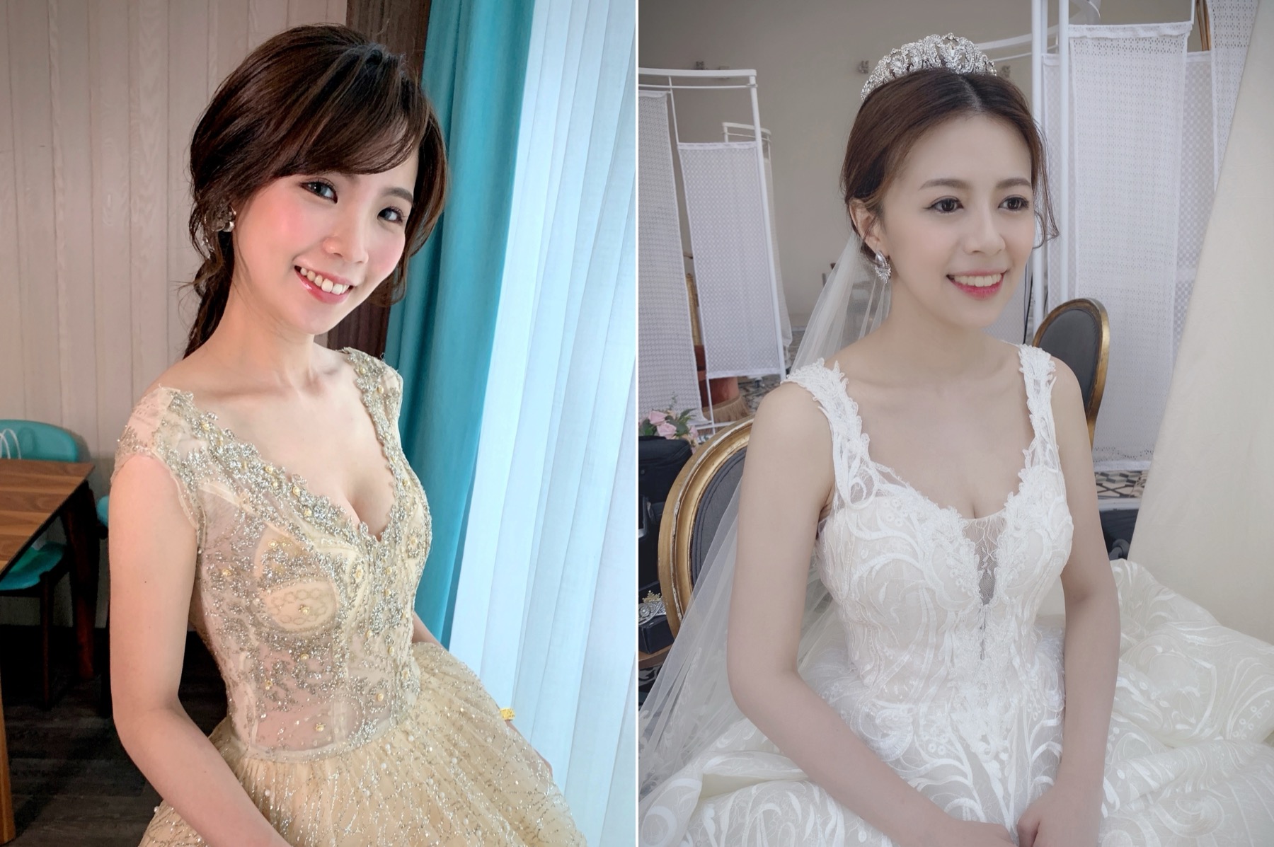 Syuan 新娘秘書作品,金色禮服與白紗新娘妝容