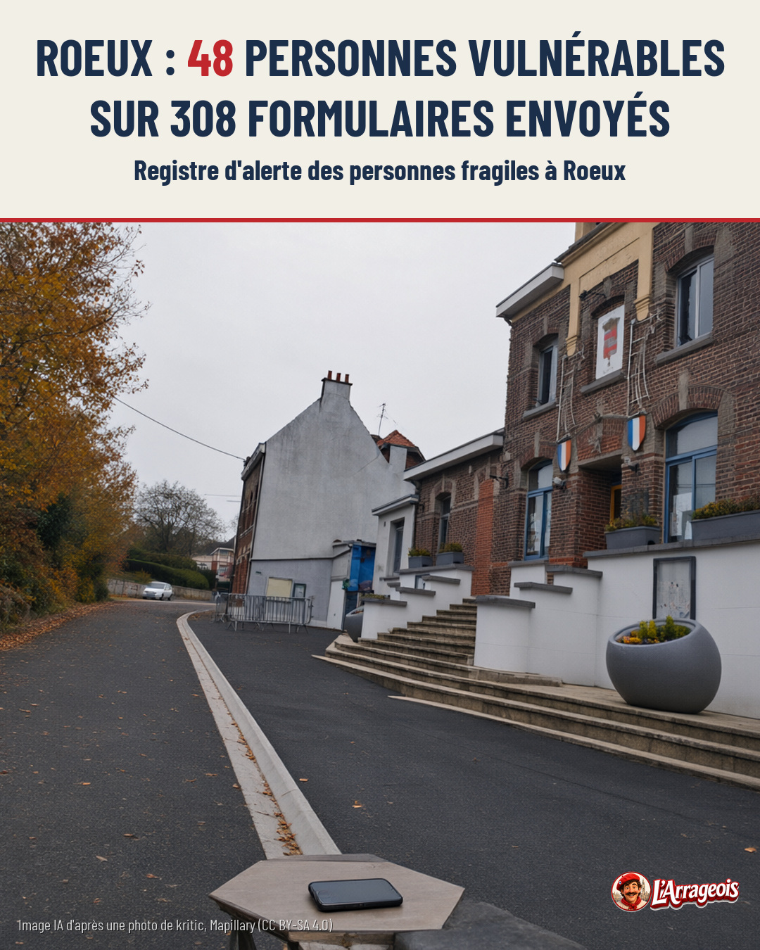 Rue résidentielle avec maisons en brique, un arbre aux feuilles d'automne, une voiture au loin et un téléphone posé sur une table.