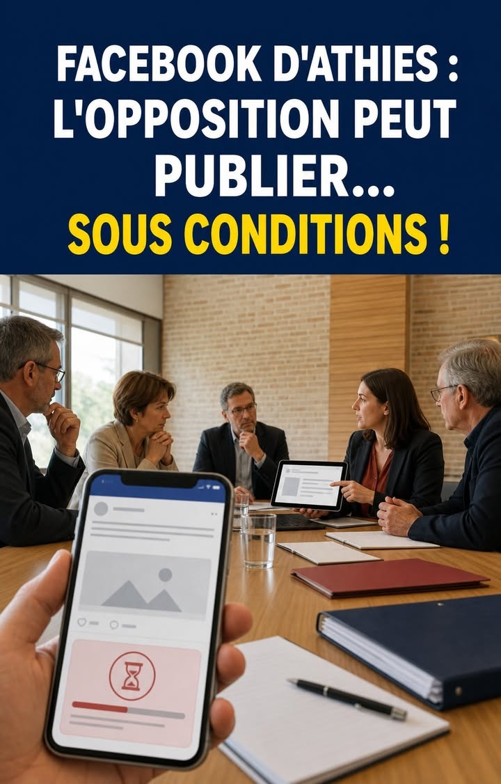Une main tient un smartphone affichant une interface de réseau social, devant une table de réunion où plusieurs personnes en costume discutent autour d'ordinateurs et de documents.