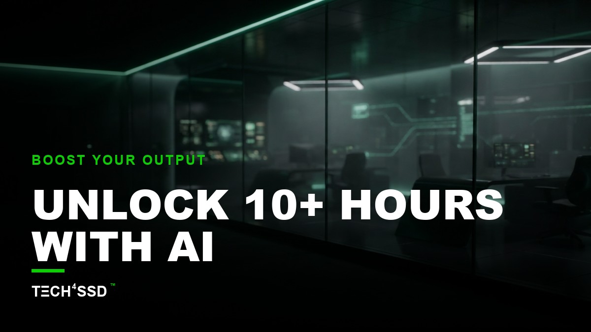 Futuristic desk setup with holographic displays showing various AI productivity tools, symbolizing time-saving with AI productivity tools.