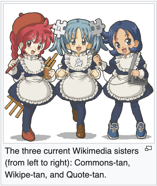 "The three current Wikimedia sisters (from left to right): Commons-tan, Wikipe-tan, and Quote-tan." art by Kasuga