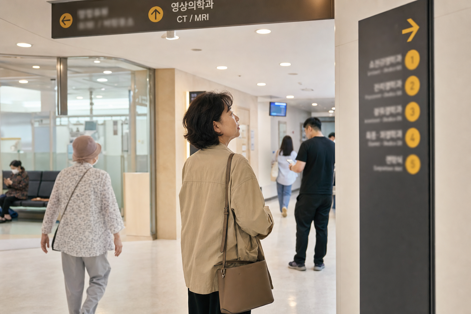 CT 검사 전 급여기준과 촬영 부위별 비용을 확인하는 한국 병원 장면