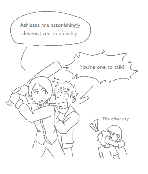 Ryuji is helping Yusuke to hold a baseball bat in the proper form. Ryuji has one hand on Yusuke's shoulder and the other hand on Yusuke's hands. Yusuke says: Athletes are astonishingly desensitized to skinship. Ryuji says: You're one to talk!! underneath Ryuji's speech bubble is a memory of yusuke gripping ryuji's hair.