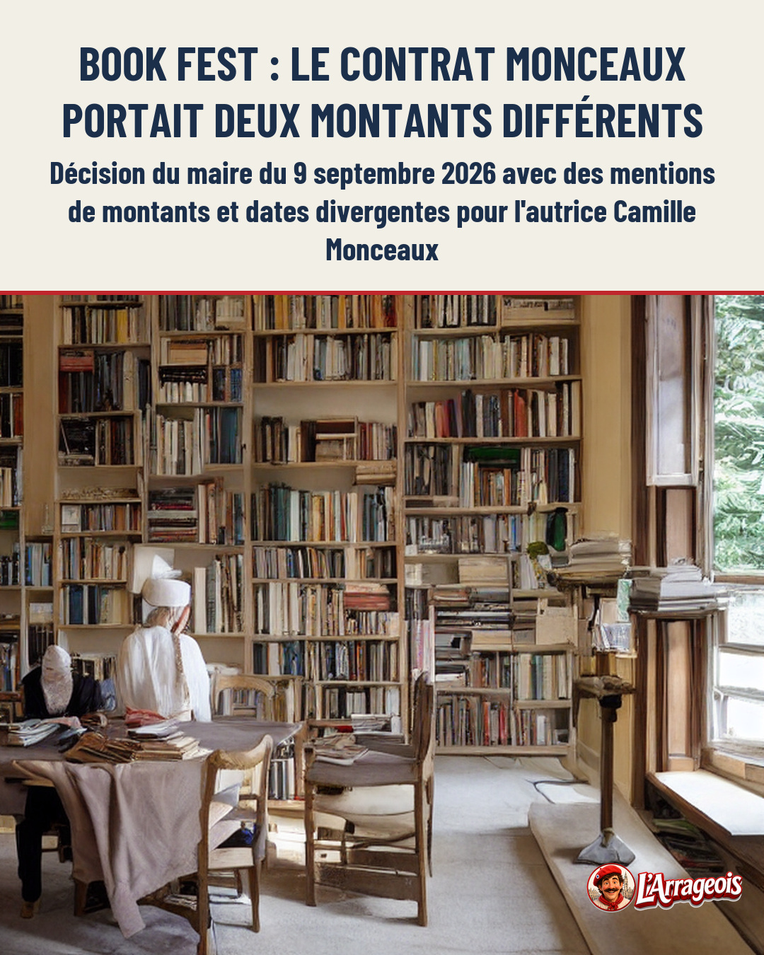 Deux figures en robes blanches et coiffes traditionnelles s'installent dans une bibliothèque aux étagères débordantes, avec des livres et des tables en bois.