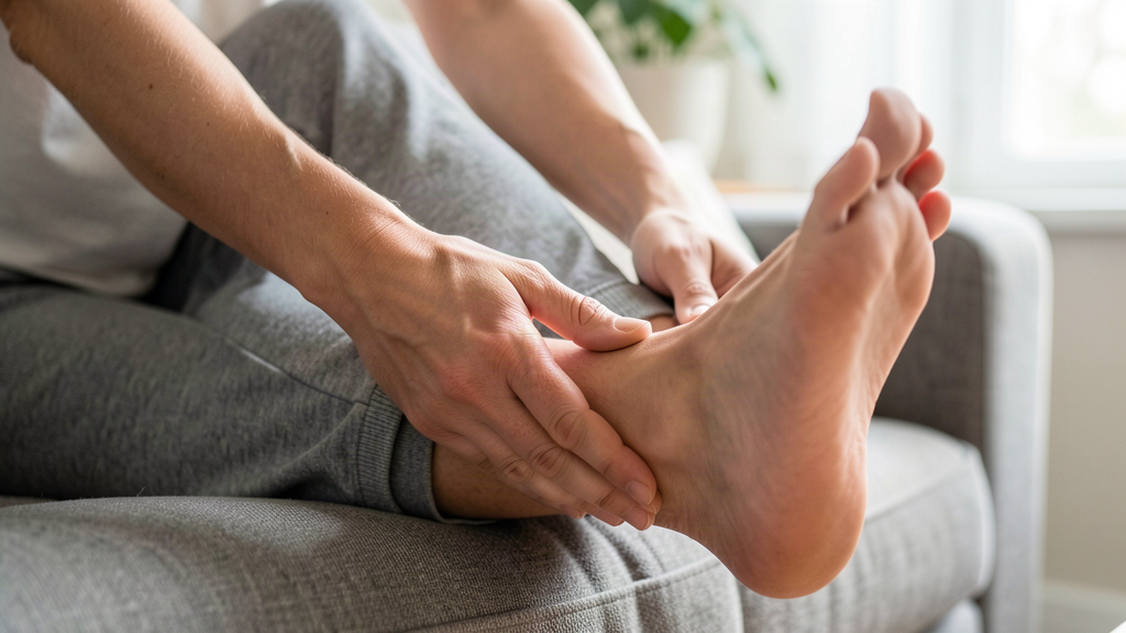 person performing arch massage on a bare foot with thumbs, close-up