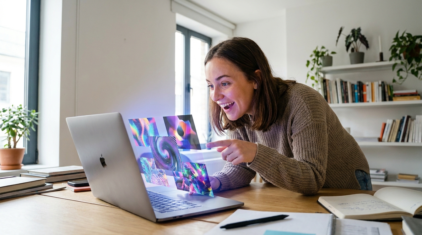 A happy student or small business owner quickly generating abstract AI images on a laptop, showcasing the productivity benefits of Nano Banana 2 Lite.