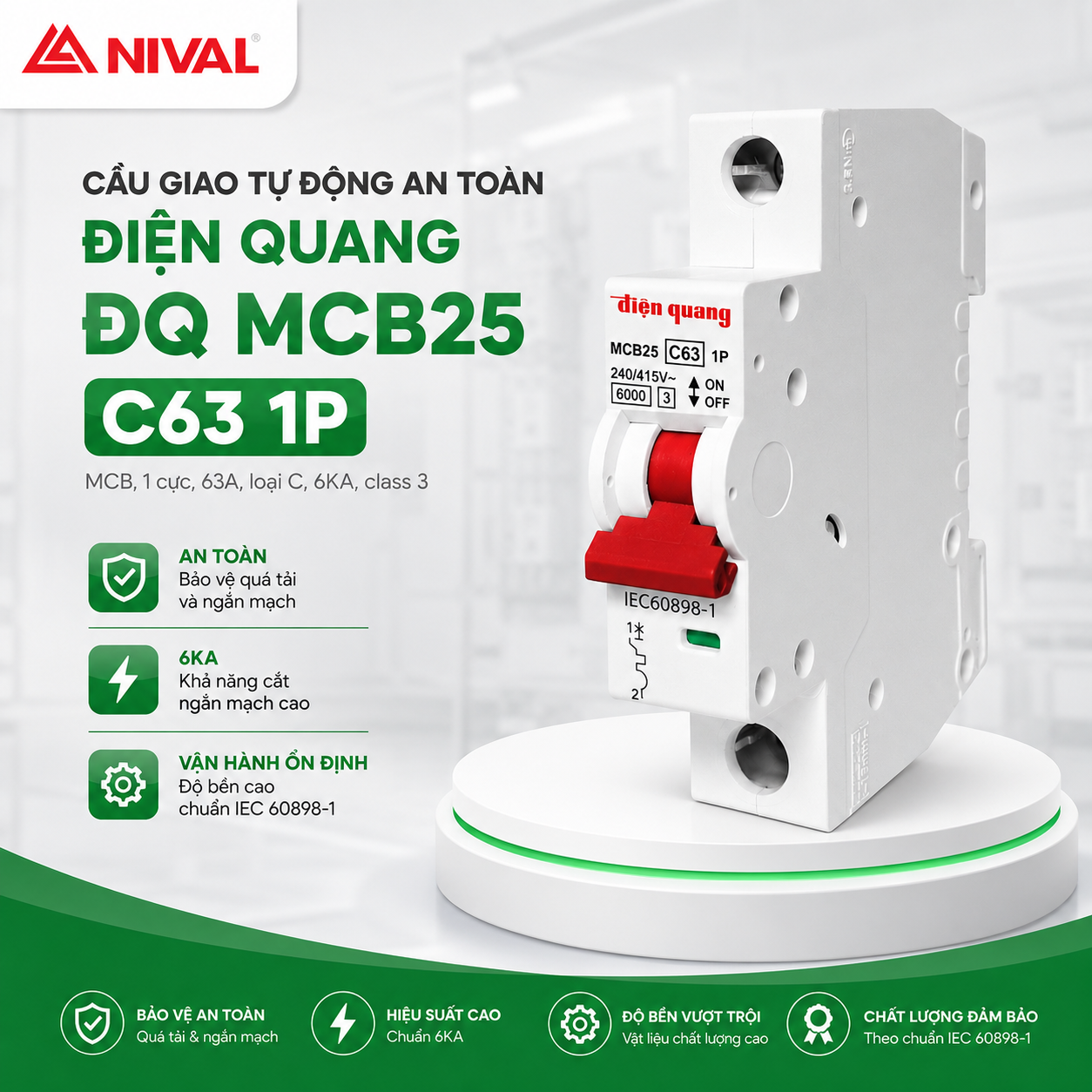 Cầu giao tự động an toàn điện quang ĐQ MCB25 C63 1P (MCB, 1 cực, 63A, loại C, 6KA, class 3)