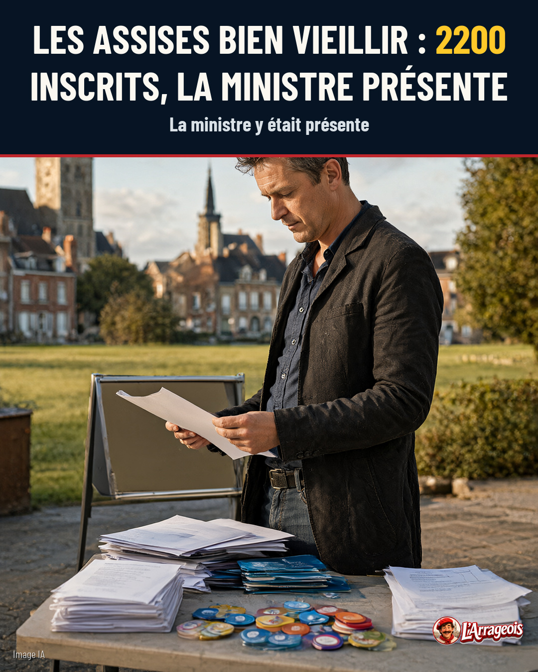 Un homme en veste sombre consulte des papiers devant une table chargée de documents et de jetons colorés, avec des bâtiments historiques en arrière-plan.