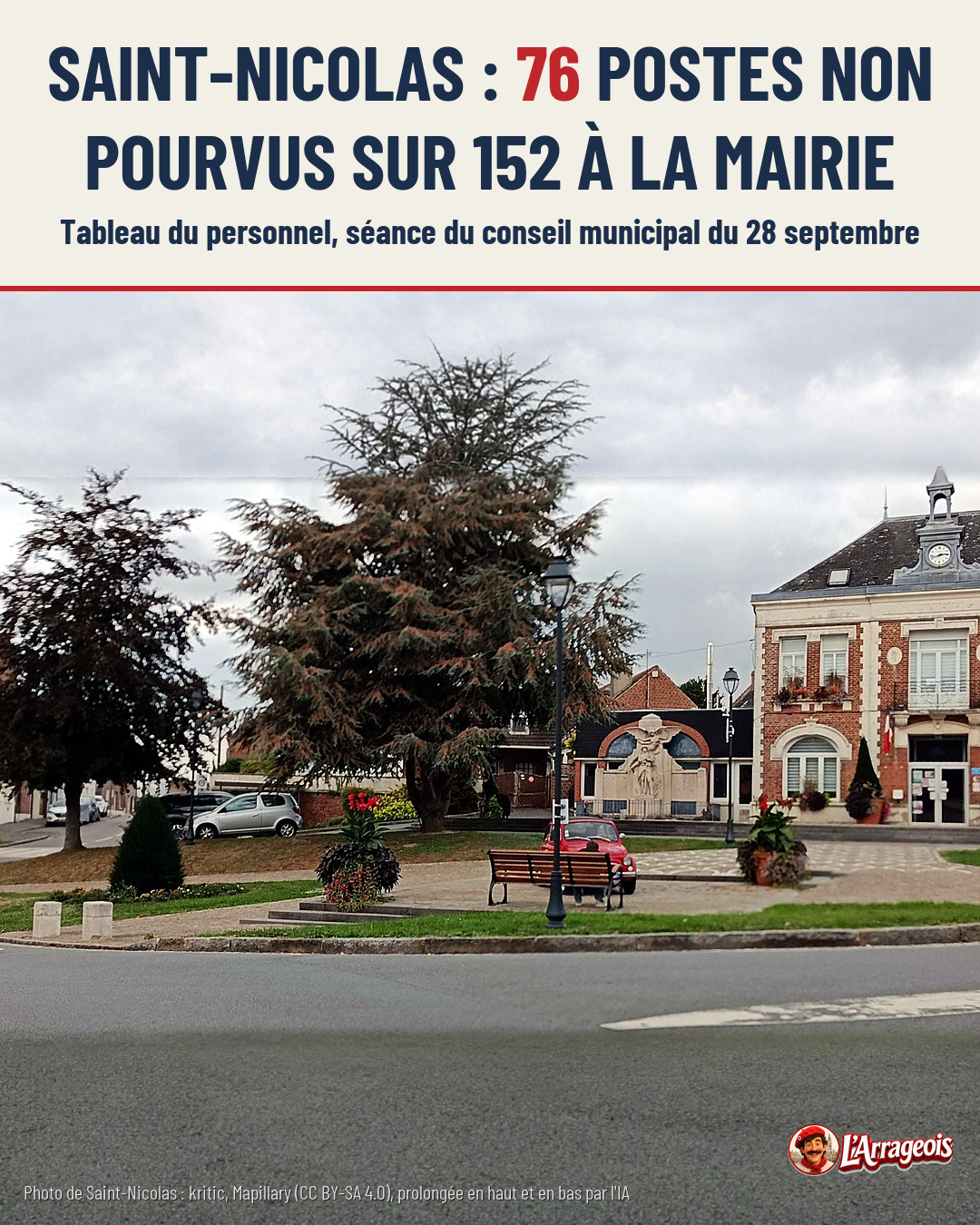 Place de Saint-Nicolas avec la mairie en brique, un banc, des arbres, des fleurs et une voiture rouge sous un ciel nuageux.