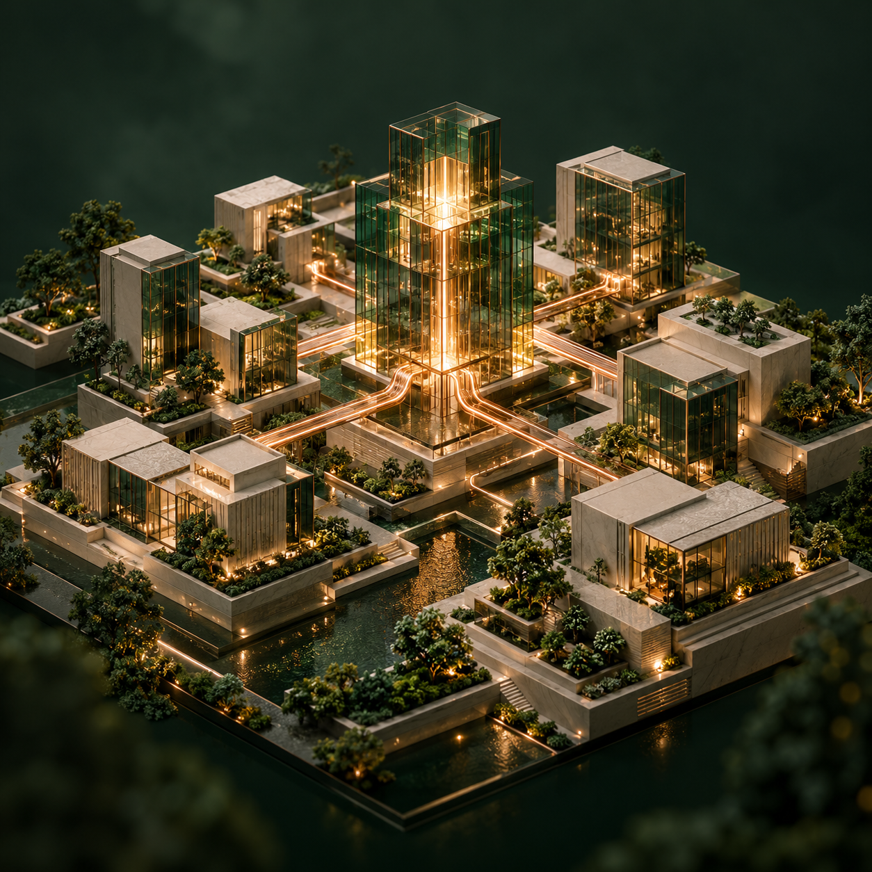 An architectural model connected by copper pathways around an illuminated intelligence core