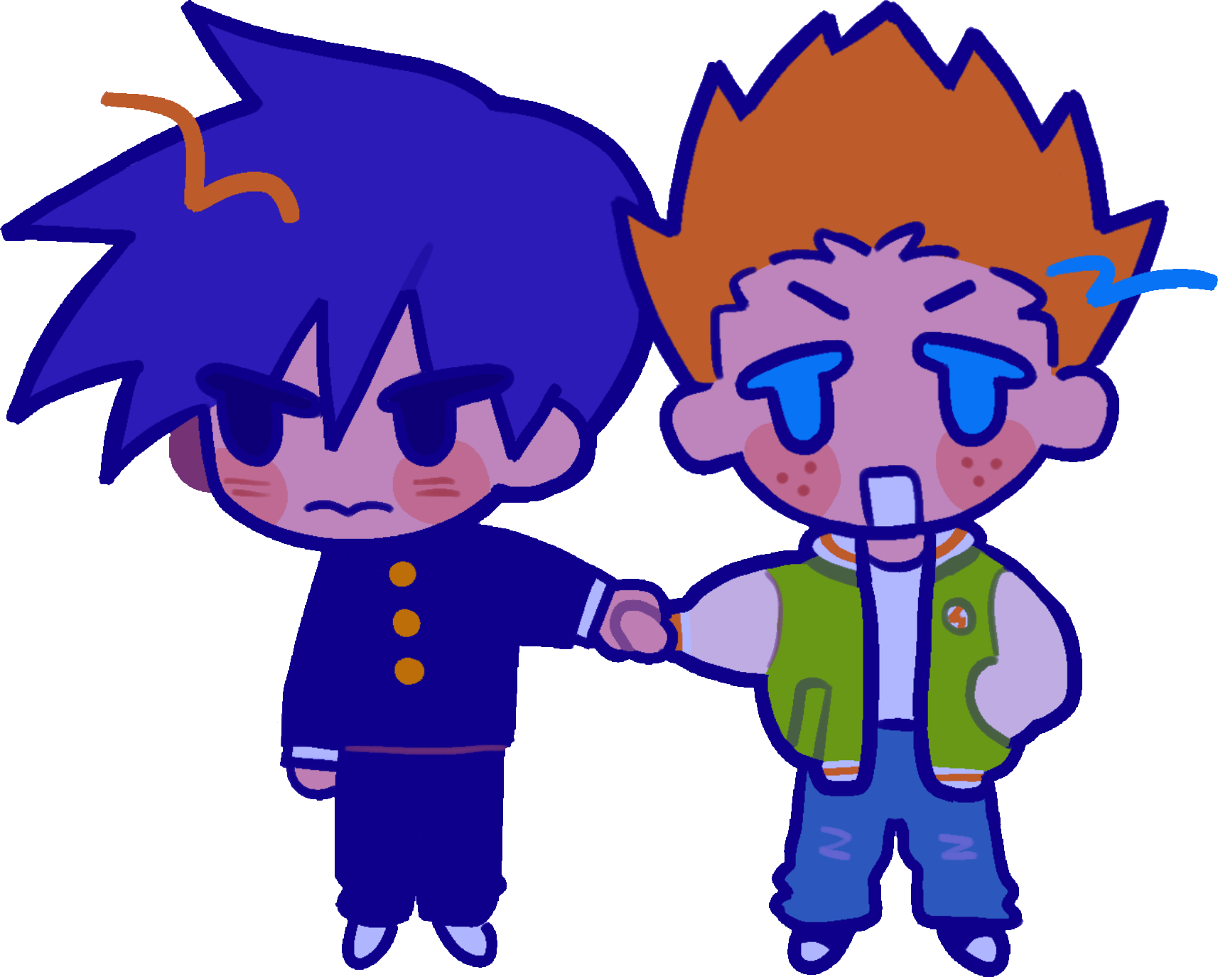 Art by kaogens on tumblr of chibi versions of Ritsu Kageyama & Shou Suzuki from Mob Psycho 100. They are holding hands as Ritsu looks away, blushing.