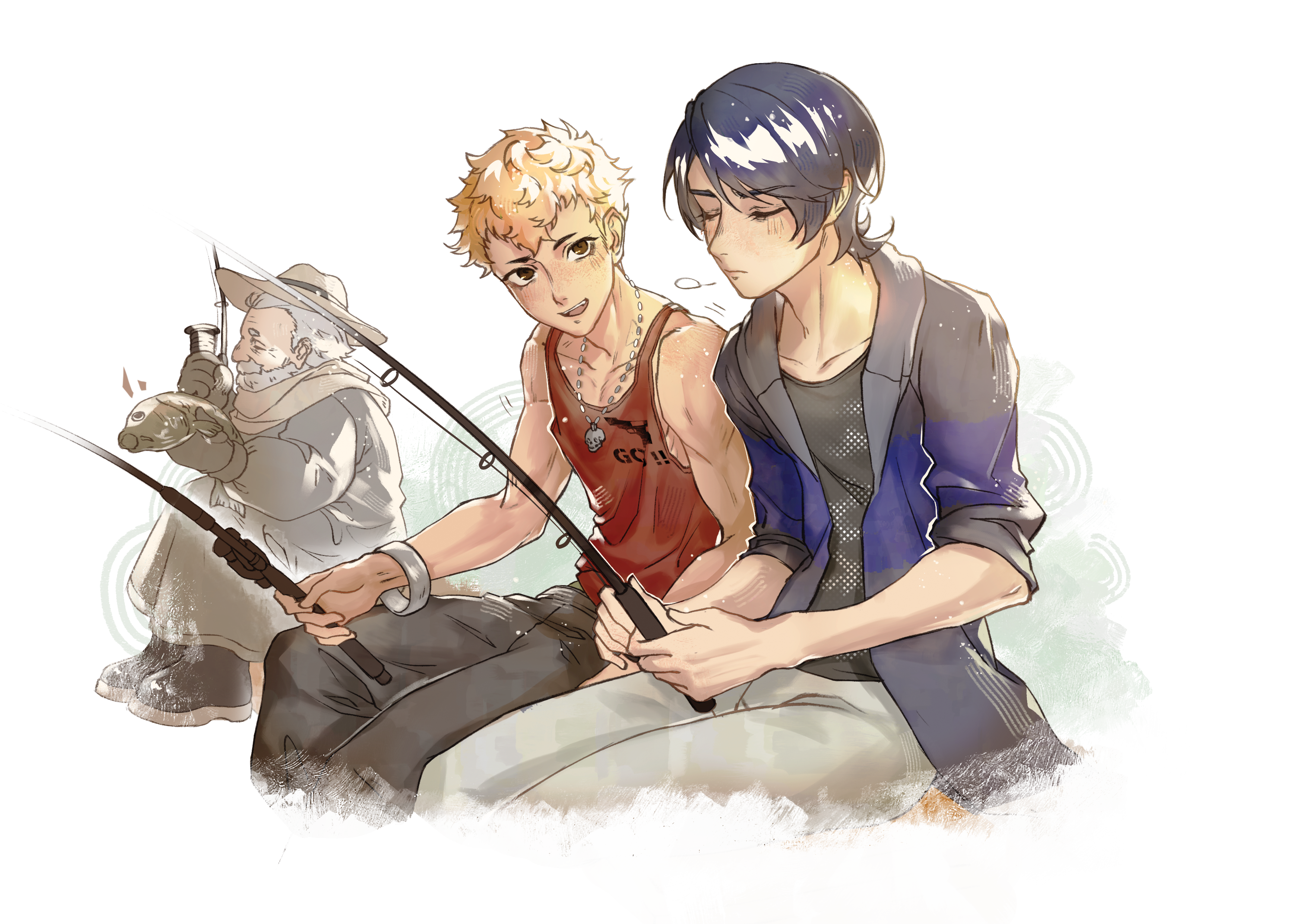 ryuji and yusuke are sitting on crates and holding fishing rods. ryuji is smiling at yusuke with a fond and slightly exasperated expression; yusuke is huffing in irritation. behind them, an old man is holding a fish.
