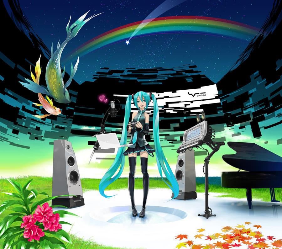 Album cover art for World of Re:Package, depicting Miku in a futuristic scene with instruments, fresh grass, and a night sky with a rainbow and shooting star