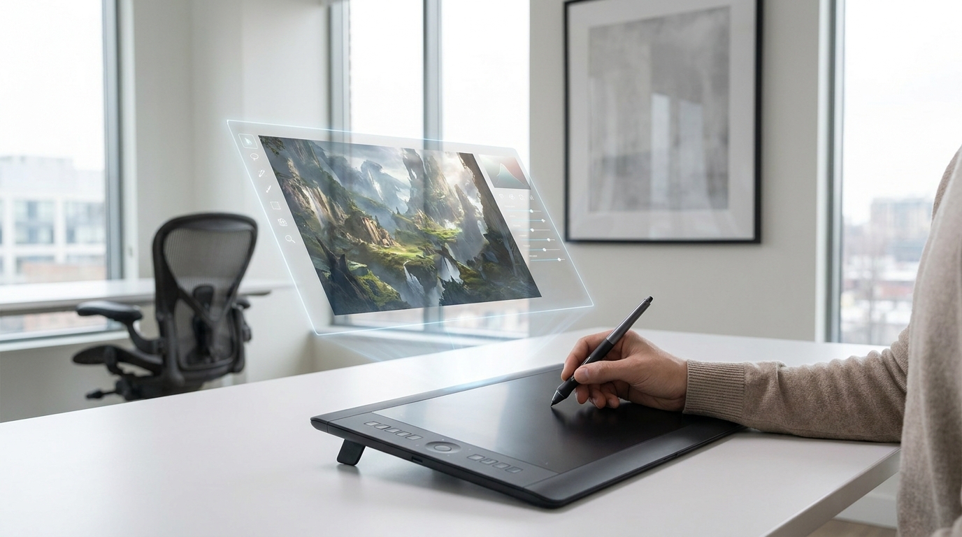 Digital artist using ChatGPT Images 2.5 to refine an image from a sketch, showcasing enhanced creative control.