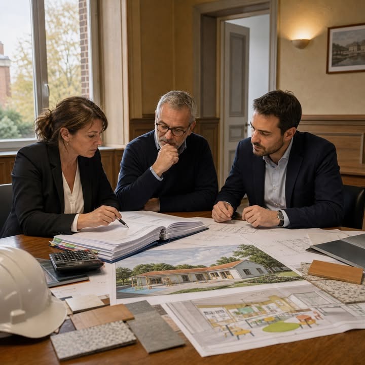Trois professionnels examinent des plans architecturaux et des échantillons de matériaux sur une table, avec un casque blanc à l'avant-plan.