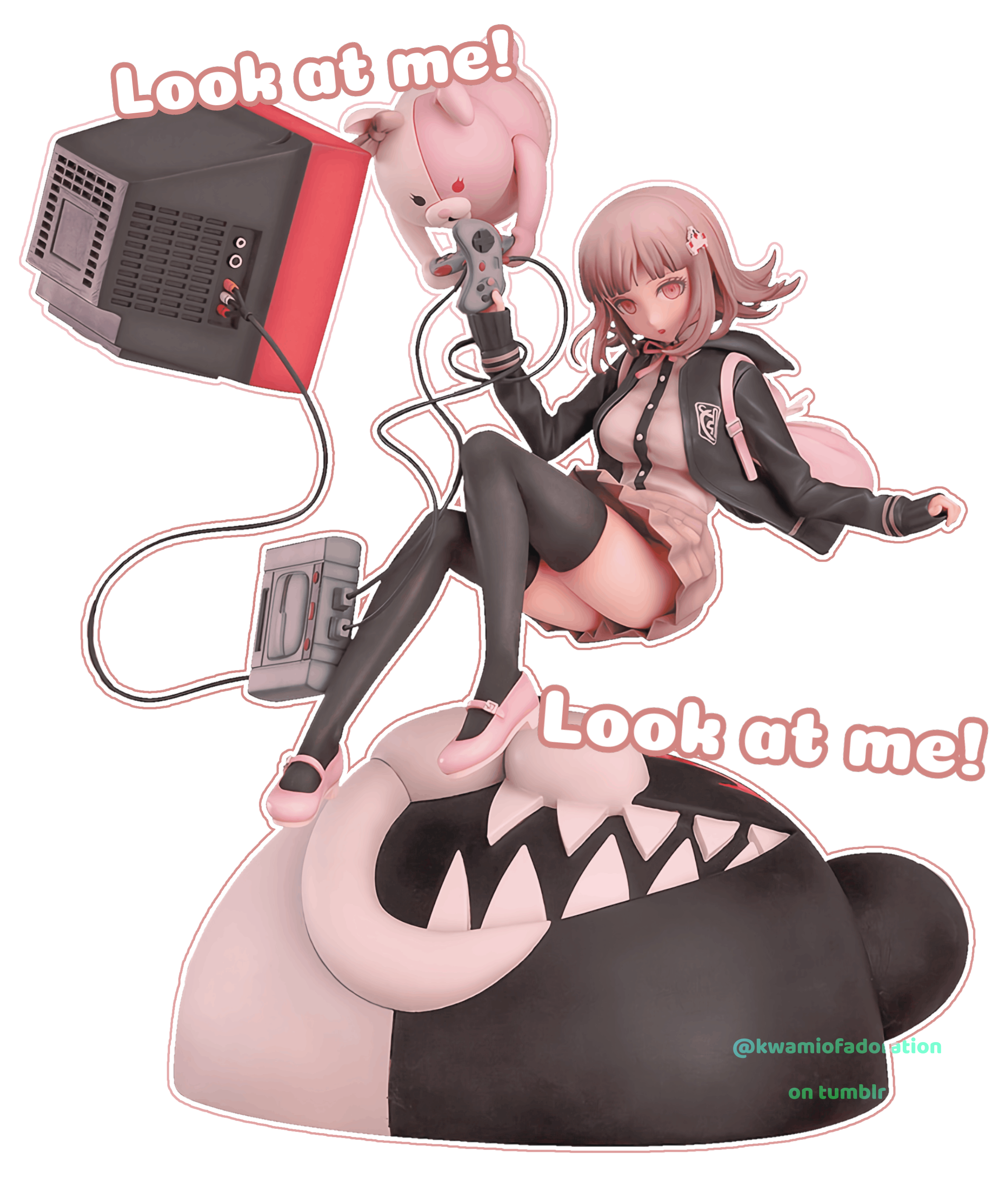 A graphic of a Chiaki Nanami Figurine with Monomi, it has gaming consoles all over the place; there is text that features TWICE's "LOOK AT ME" lyrics which is a reference of a Chiaki Nanami Edit by @Eggydgrp, it is watermarked to avoid stealing.