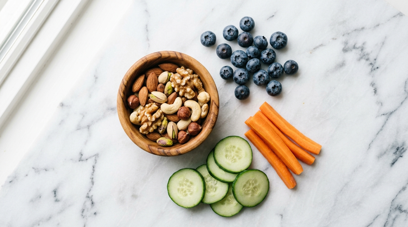 Healthy Snacks for Weight Loss Healthy snacks flat lay with mixed nuts, blueberries, cucumber and carrot sticks on white marble