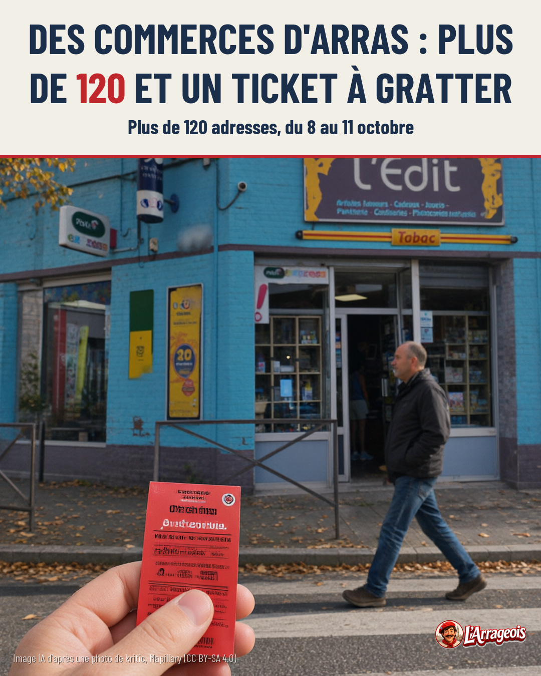 Une main tient un ticket à gratter rouge devant la façade bleue d'une tabac-press L'Edit, où un homme marche.