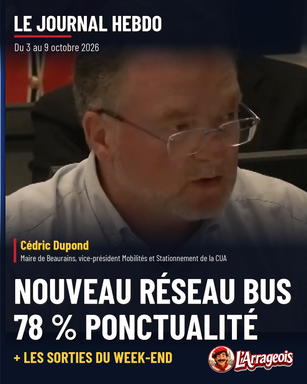 Un homme aux lunettes, identifié comme Cédric Dupond, maire de Beaurains, apparaît en plan rapproché sur une image de journal hebdomadaire.